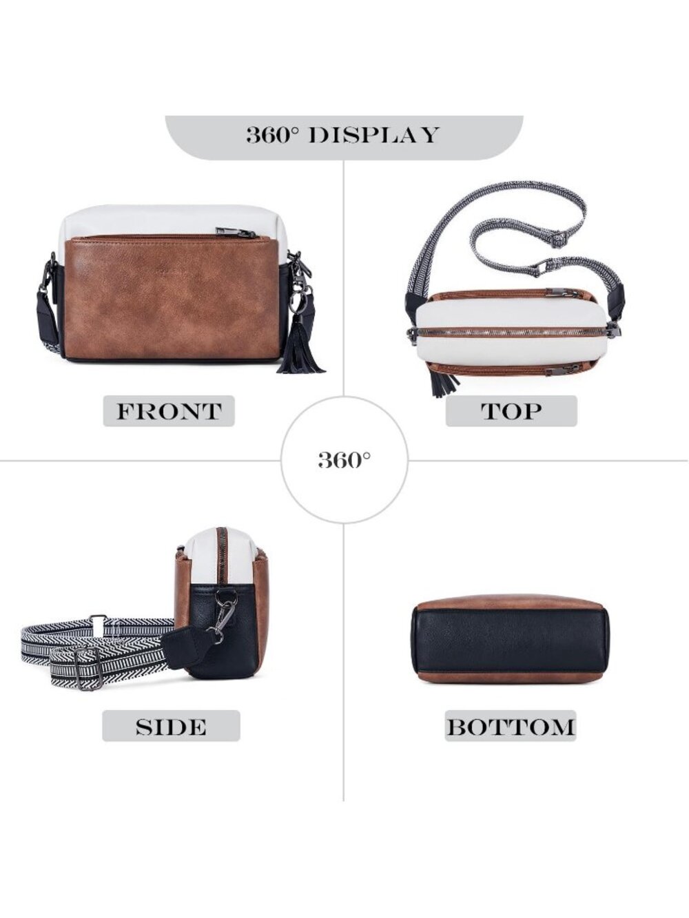 Women's Black/White/Brown Leather Triple Zip Small Crossbody Bag with Card Slot - Picture 4 of 6